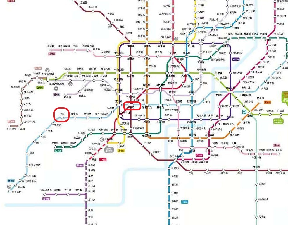 徐家汇駅と七宝駅の位置関係を示したマップの写真