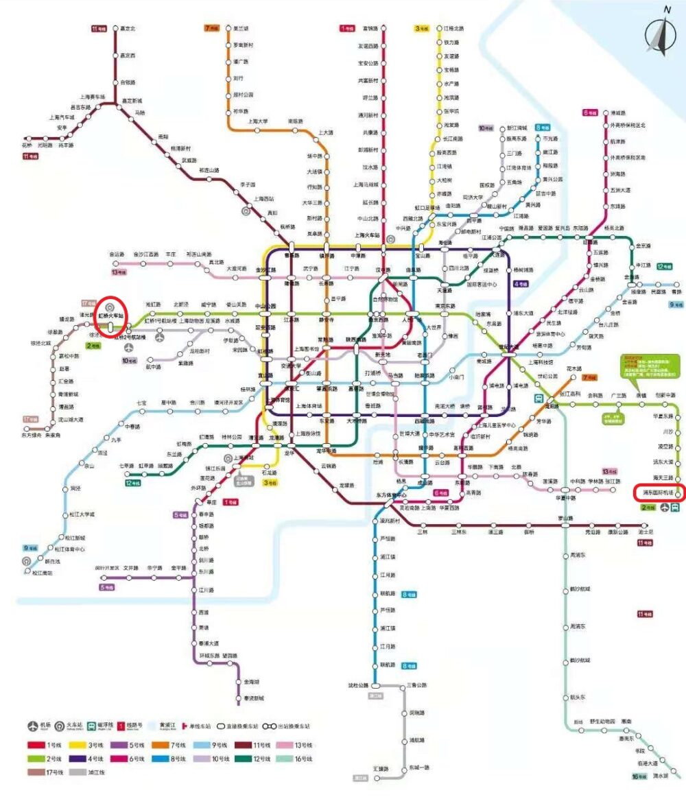 地下鉄マップ上で虹橋駅と浦東国際空港の位置関係の写真