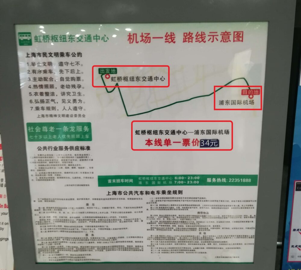 虹橋駅から浦東国際空港行きのシャトルバスはノンストップで34元の表示の写真