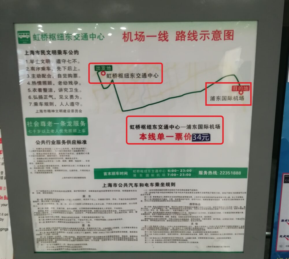 虹橋駅から浦東国際空港行きのシャトルバスはノンストップで34元の表示の写真