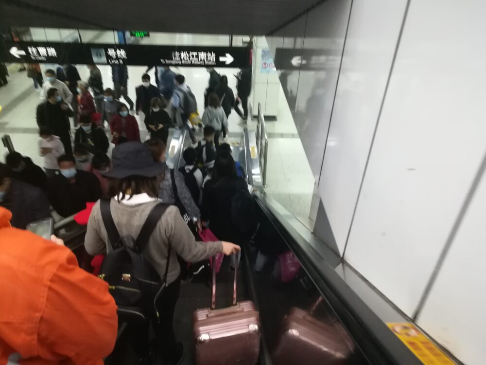 エスカレーターで進路を妨害している様子の写真