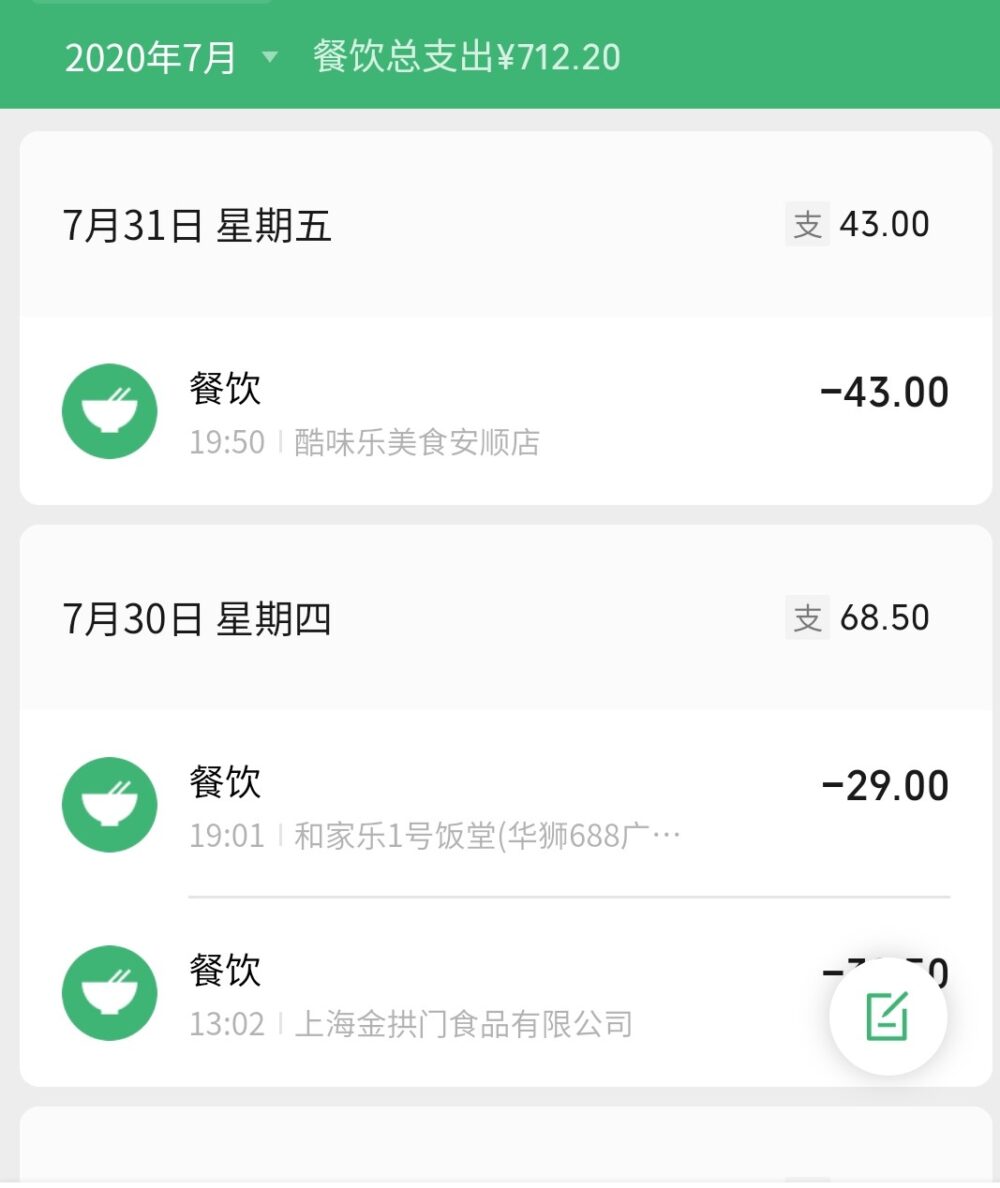 微信の電子版支払い記録 2020年7月度飲食の写真
