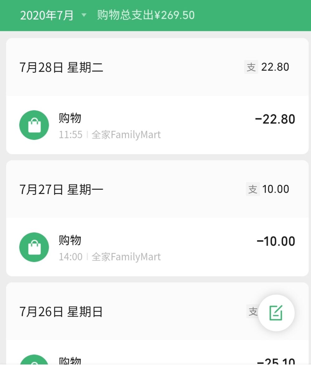 微信の電子版支払い記録 2020年7月度ショッピングの写真